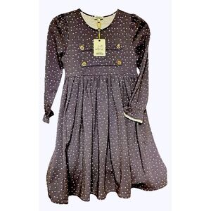 Finding Foxtale Polka Dot Dress Kids 10 Blue NEW Gold Button Lace Trim F23D115